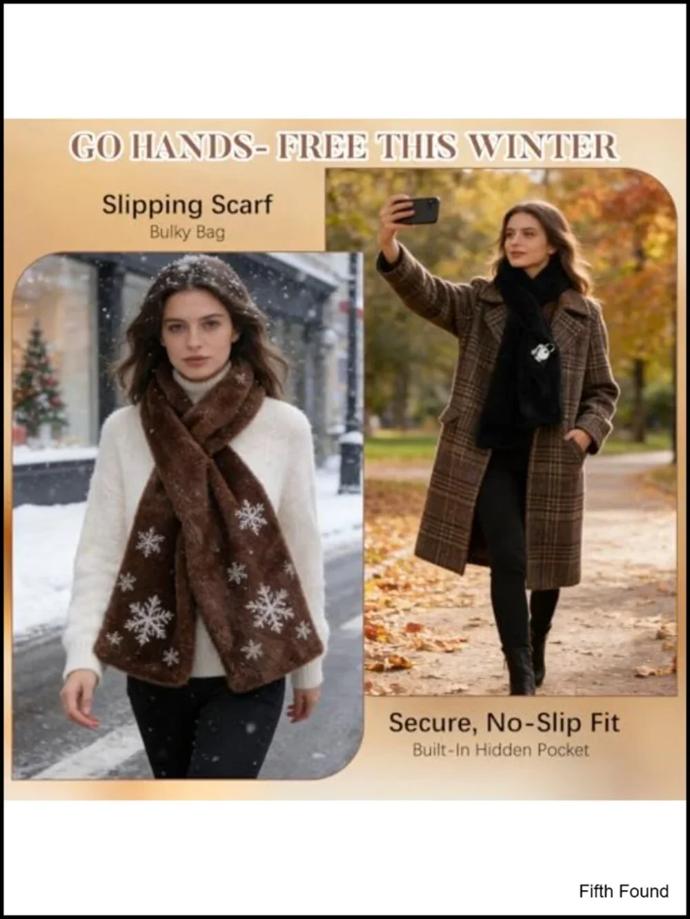 Faux Fur Pull Through Scarf Hidden Zipper Pocket Cozy Winter Wrap